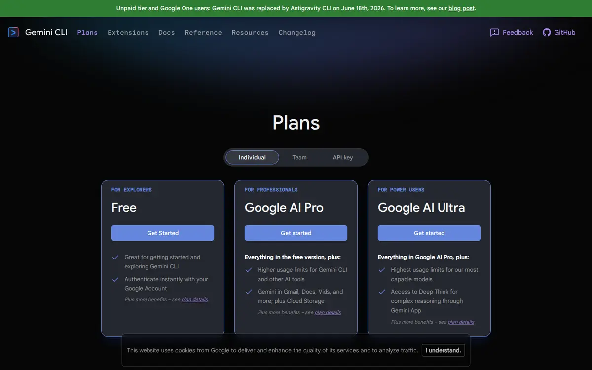Официальная страница тарифов Gemini CLI с планами Free, Google AI Pro и Google AI Ultra