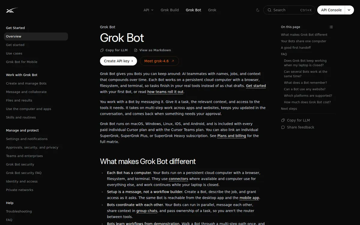 Официальная документация Grok Bot с описанием постоянного облачного компьютера